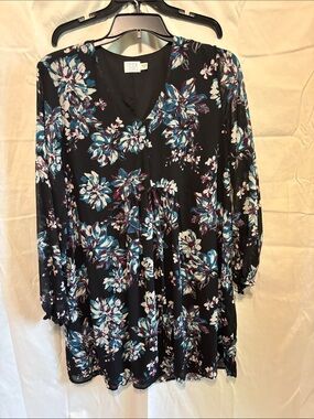 Time and Tru Black Dress with Multicolor Floral Trim, lined. Sheer overlay.